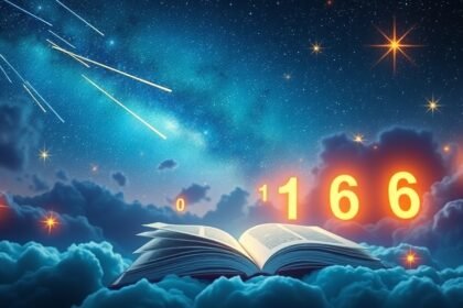 Libro aperto sotto un cielo stellato con stelle cadenti e numeri Lotto