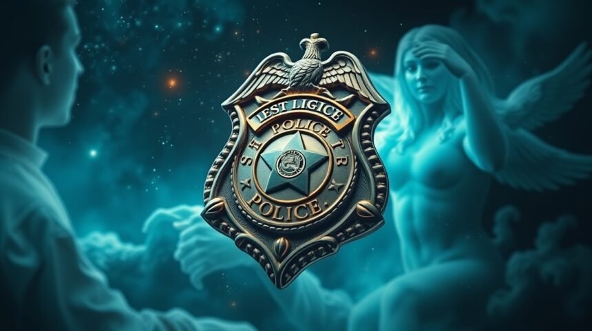 Spilla della polizia con simboli di autorità e protezione