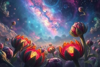 Fiori di carciofi sotto un cielo stellato con galassie