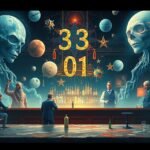 Illustrazione surrealista di un bar con figure enigmatiche e numeri.