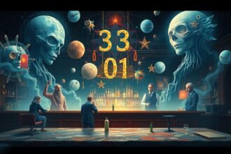 Illustrazione surrealista di un bar con figure enigmatiche e numeri.