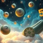 Numeri del lotto sospesi tra le nuvole con zucchine e simboli fortunati