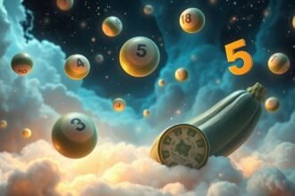 Numeri del lotto sospesi tra le nuvole con zucchine e simboli fortunati