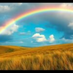 Arcobaleno sopra un paesaggio dorato di campi e cielo blu