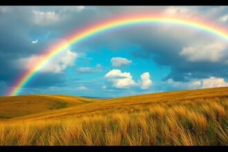 Arcobaleno sopra un paesaggio dorato di campi e cielo blu