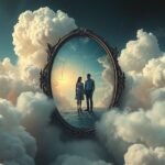 Una coppia riflessa in uno specchio rotto tra nuvole, simboleggiando relazioni e sogni.