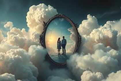 Una coppia riflessa in uno specchio rotto tra nuvole, simboleggiando relazioni e sogni.