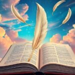 Libro aperto con piume che fluttuano nel cielo