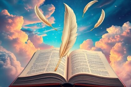 Libro aperto con piume che fluttuano nel cielo