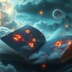 Libro aperto con numeri illuminati su sfondo sognante