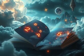 Libro aperto con numeri illuminati su sfondo sognante