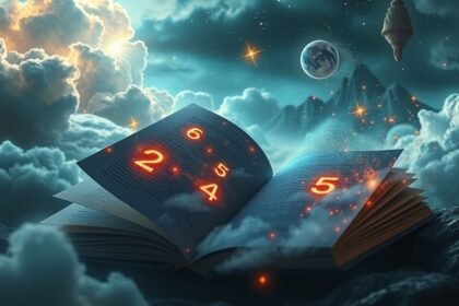 Libro aperto con numeri illuminati su sfondo sognante