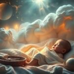 Neonato addormentato in un'atmosfera onirica con luci soffuse