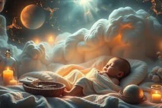 Neonato addormentato in un'atmosfera onirica con luci soffuse