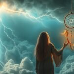 Donna con un sogno guida sotto fulmini e nuvole tempestose.