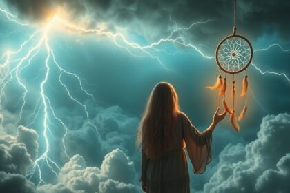 Donna con un sogno guida sotto fulmini e nuvole tempestose.