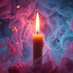 Candela accesa circondata da fumi colorati che simboleggiano passione e distruzione.