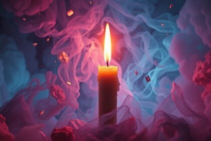 Candela accesa circondata da fumi colorati che simboleggiano passione e distruzione.