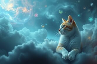 Gatto che osserva il cielo stellato tra le nuvole