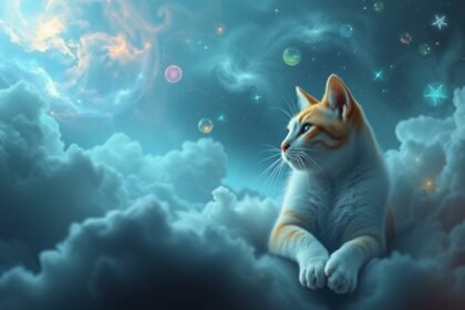Gatto che osserva il cielo stellato tra le nuvole