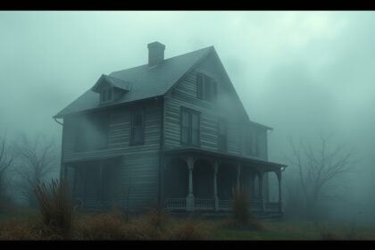 Casa vecchia avvolta nella nebbia, simbolo di nostalgia e memoria.