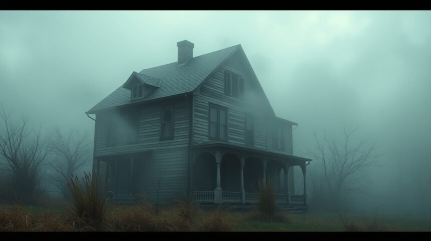 Casa vecchia avvolta nella nebbia, simbolo di nostalgia e memoria.