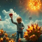 Bambino che raccoglie fichi d'India in un paesaggio fantastico.