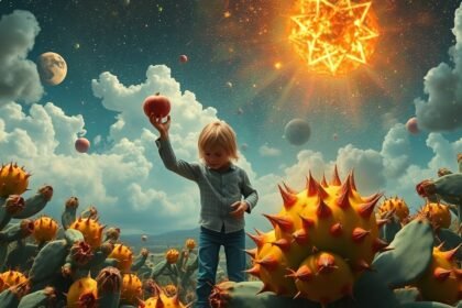 Bambino che raccoglie fichi d'India in un paesaggio fantastico.