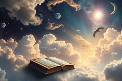 Libro aperto tra nuvole e stelle, simboli di messaggi angelici