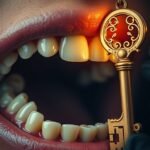 Bocca aperta con denti bianchi e chiave dorata