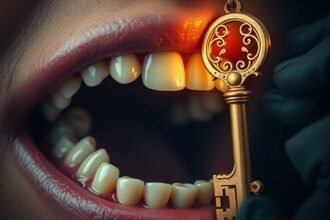 Bocca aperta con denti bianchi e chiave dorata