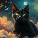 Gatto nero tra nuvole e simboli zodiacali in un sogno mistico