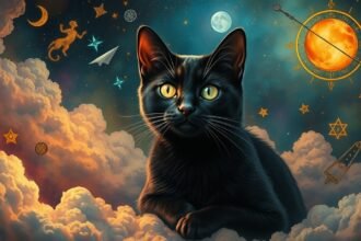 Gatto nero tra nuvole e simboli zodiacali in un sogno mistico