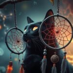 Gatto nero con dreamcatcher simbolico in un'atmosfera mistica