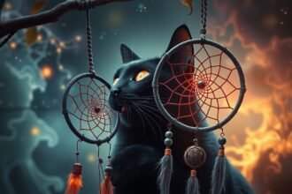 Gatto nero con dreamcatcher simbolico in un'atmosfera mistica