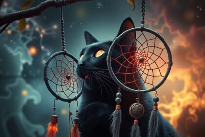 Gatto nero con dreamcatcher simbolico in un'atmosfera mistica