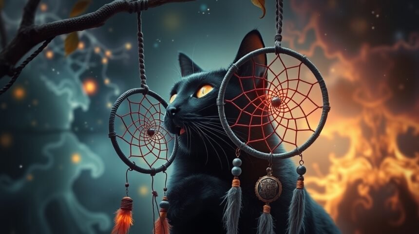 Gatto nero con dreamcatcher simbolico in un'atmosfera mistica