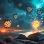 Immagine di orologi fluttuanti e un libro aperto sotto una luna luminosa