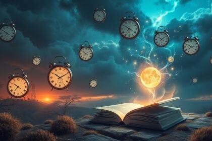 Immagine di orologi fluttuanti e un libro aperto sotto una luna luminosa