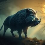 Cinghiale maestoso sotto la luna piena, simbolo di forza e istinto.