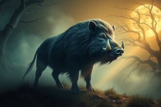 Cinghiale maestoso sotto la luna piena, simbolo di forza e istinto.