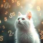 Gatto bianco che osserva numeri fortunati fluttuanti in un sogno.
