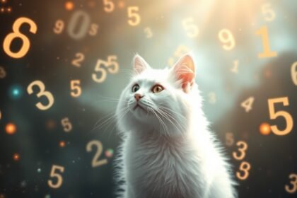 Gatto bianco che osserva numeri fortunati fluttuanti in un sogno.