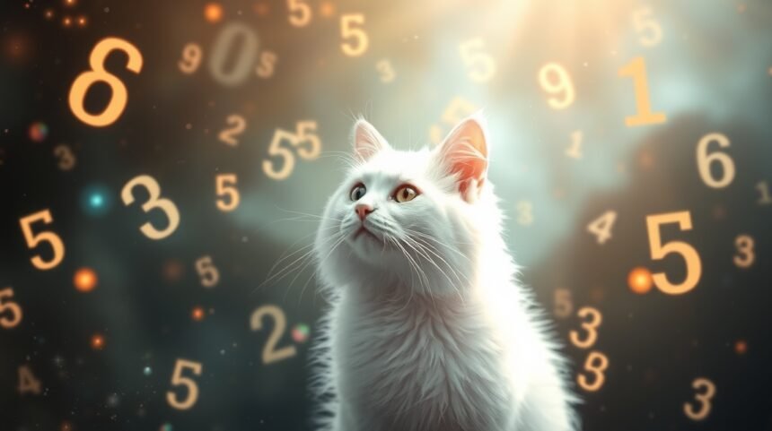 Gatto bianco che osserva numeri fortunati fluttuanti in un sogno.