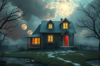 Casa illuminata sotto il cielo notturno e nuvole, simbolo di rinnovamento.