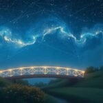 Un ponte illuminato sotto un cielo stellato e una piuma simbolica.