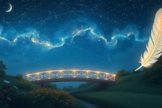 Un ponte illuminato sotto un cielo stellato e una piuma simbolica.