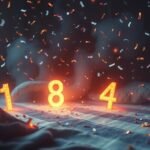 Numeri 1, 8, 4 illuminati tra confetti su un letto.