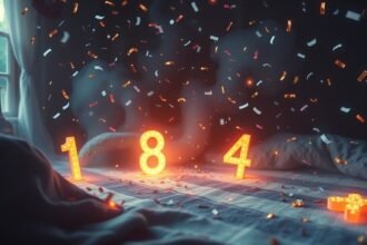 Numeri 1, 8, 4 illuminati tra confetti su un letto.