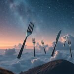 Posate di acciaio fluttuanti in un cielo stellato sulla cucina.